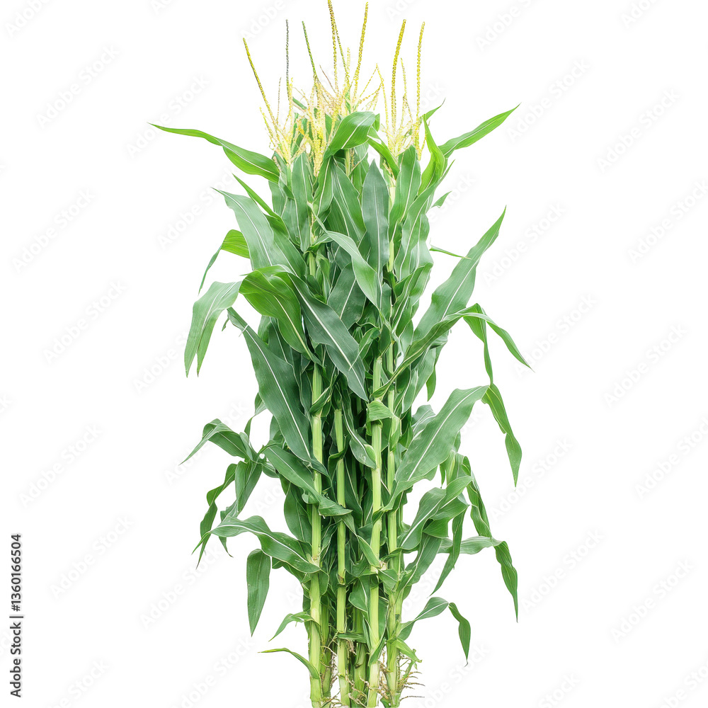 Fototapeta premium Lush corn stalks with tassels rising against a clear background in a farm setting