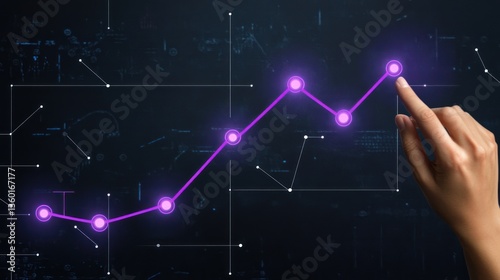 Hand points to upward trend on digital interface