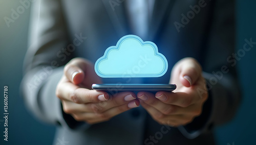 Close-Up of a Woman Using Cloud Download on Smartphone: Embracing Digital Storage Accessibility and Technology Integration in Stock Photo Concept with Empty Space for Text