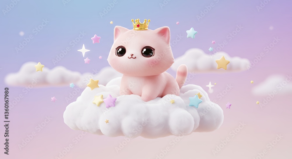 Obraz premium Cute Pink Cartoon Cat with Crown Sitting on a Fluffy Cloud