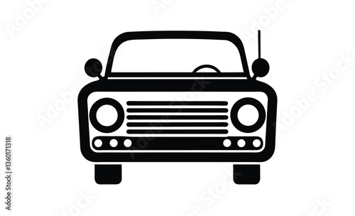 Car radio front view silhouette, Car radio icon, Walkie-talkie, Radio station, Black silhouette, Horizontal front view, Vector simple flat graphic illustration, Isolated object on a white background