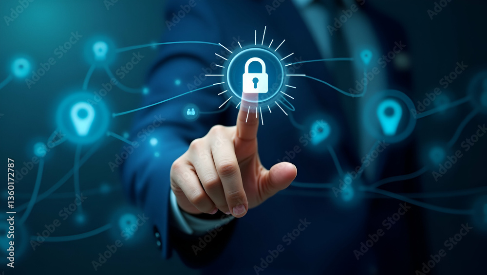 Business Hand Clicking Security Icon: Data Protection & Cybersecurity Business Hand Clicking Security Icon: Data Protection & Cybersecurity