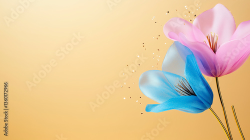 A blue and pink flower is on a yellow background