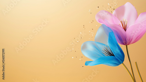 A flower with a blue and pink petal is on a yellow background