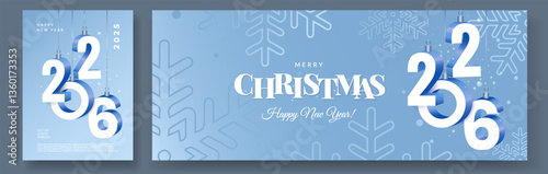 Merry Christmas and Happy New Year 2026 greeting card, banner set. Luxury Xmas modern winrer design with typography, snowflakes on blue background