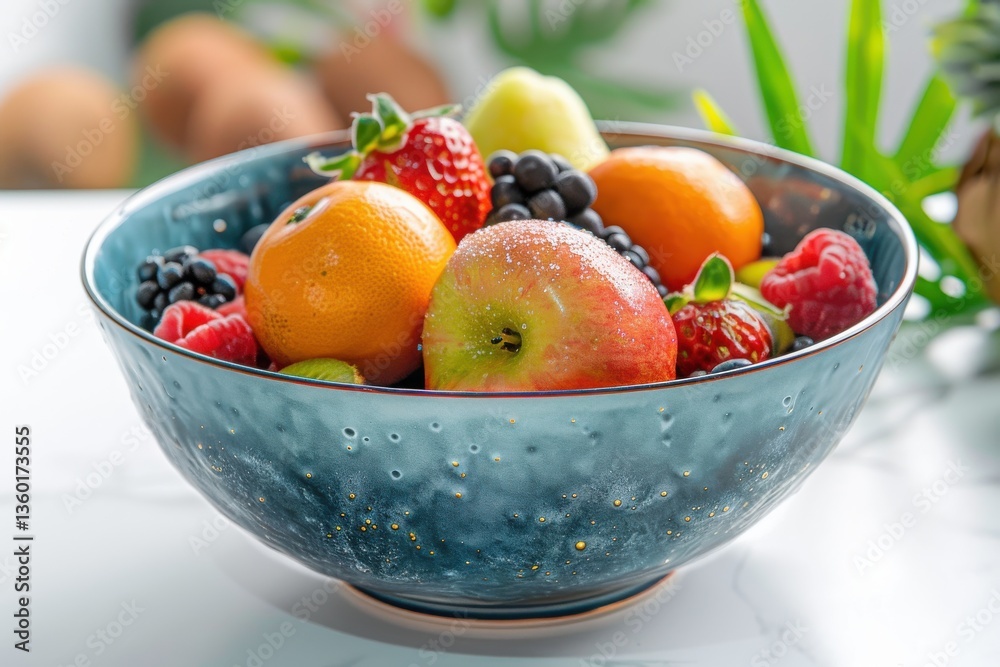 A colorful bowl of fresh fruits arranged on a marble countertop in a bright kitchen setting