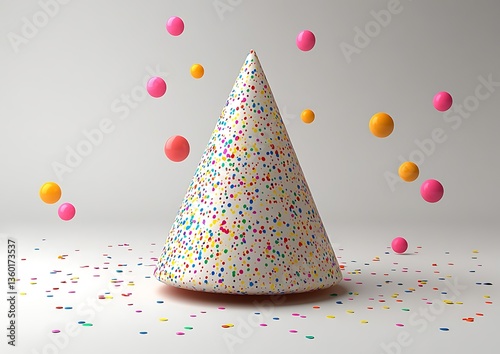 A celebratory party hat with floating spheres and scattered confetti