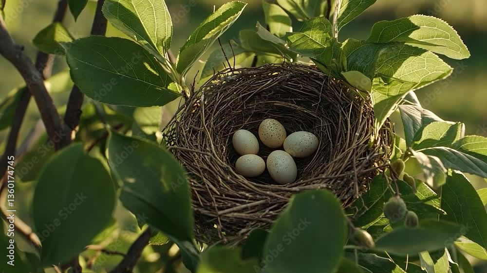 Bird eggs nestled in a tree nest