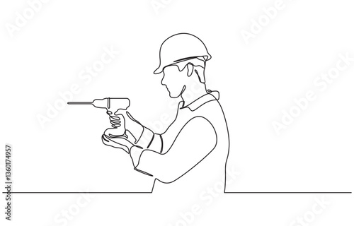 Continuous line drawing of young handyman wearing uniform while holding drill machine, Builder man holding drill and wearing helmet. One continuous line art drawing vector.
