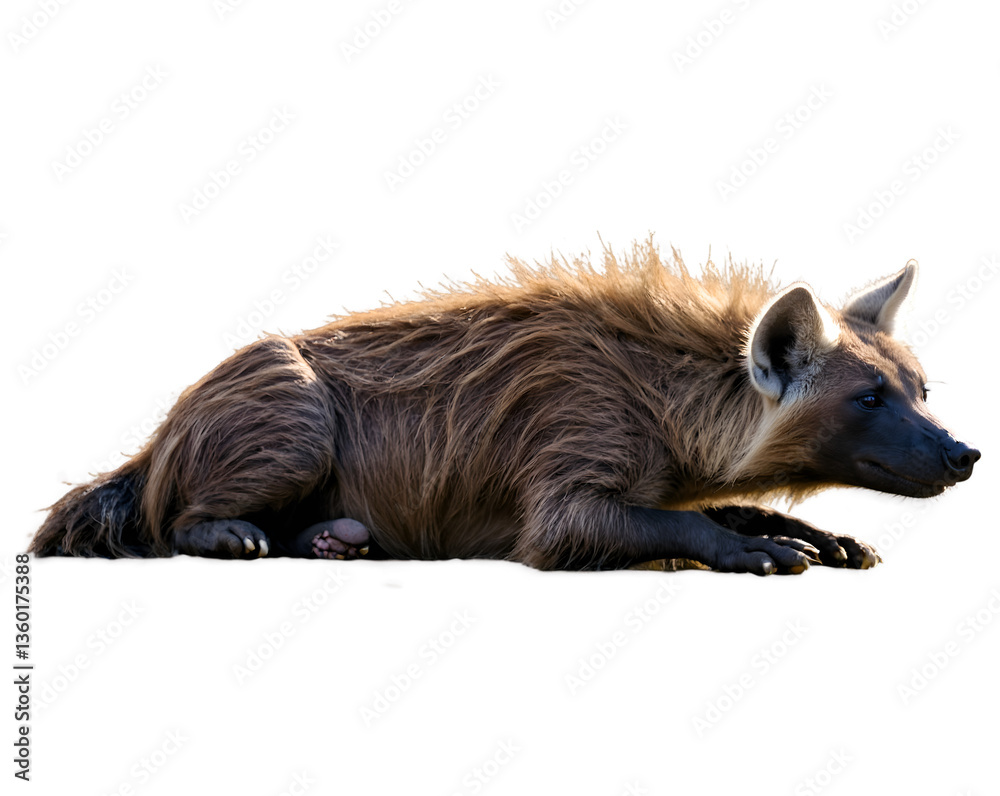 Obraz premium Captivating Portrait of a Brown Hyena Resting Peacefully, showcasing its Majestic Fur and Alert Gaze, a stunning wildlife image that highlights the beauty and unique nature