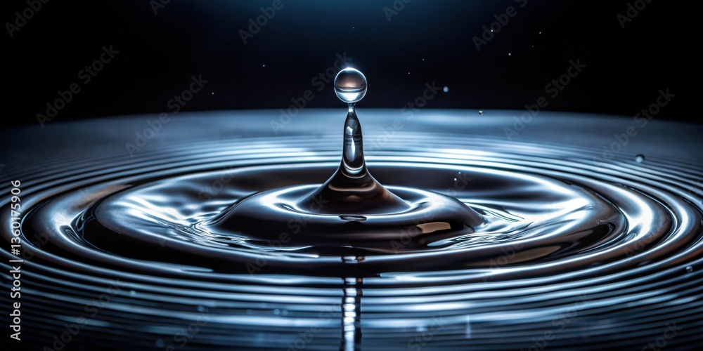 A single droplet of water impacting a dark liquid surface, creating a mesmerizing pattern of concentric ripples and a crown-like splash A single droplet of water impacting a dark liquid surface, creating a mesmerizing pattern of concentric ripples and a crown-like splash