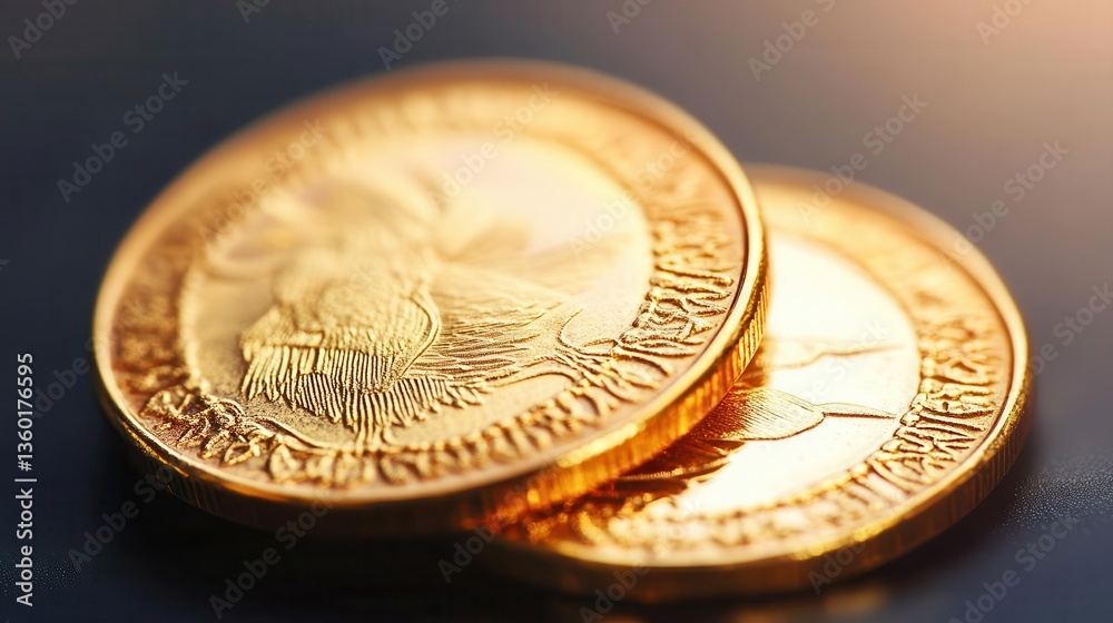 Close-up of an old gold coin with intricate engravings, soft shadows Close-up of an old gold coin with intricate engravings, soft shadows