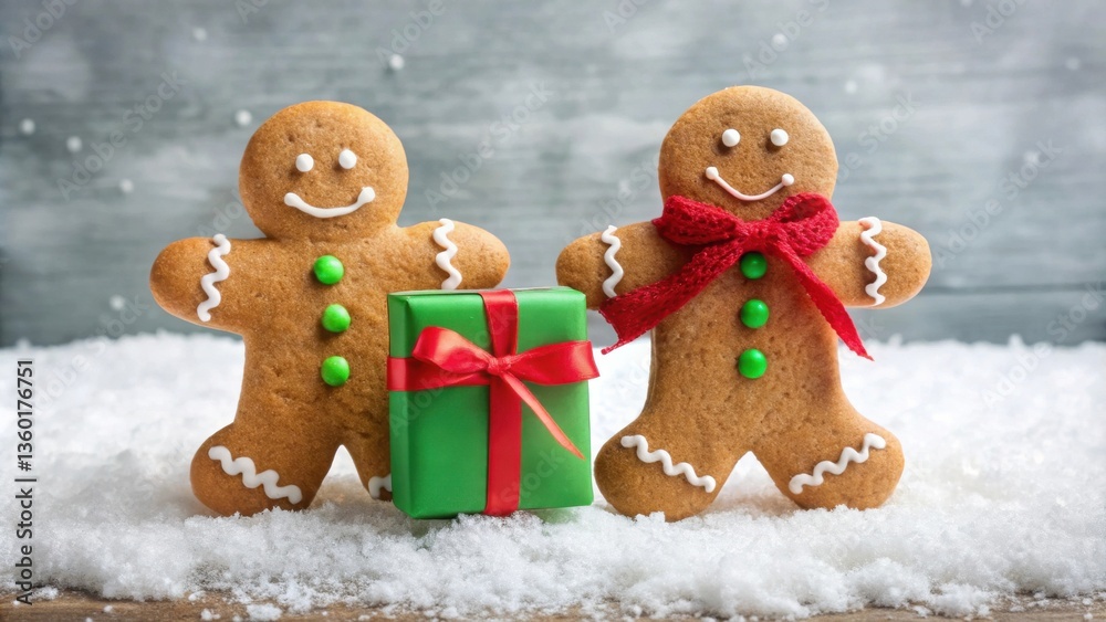 Two Festive Gingerbread Men with a Gift in Snowy Scene Two Festive Gingerbread Men with a Gift in Snowy Scene