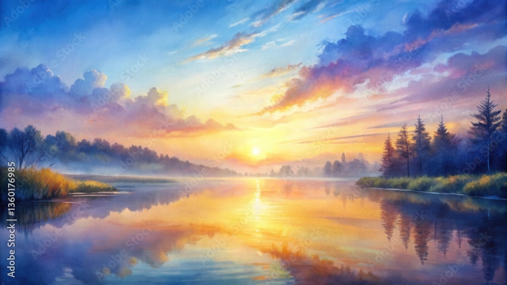 Obraz premium Serene Sunrise Over a Calm Lake Reflecting Golden Hues and Misty Shores