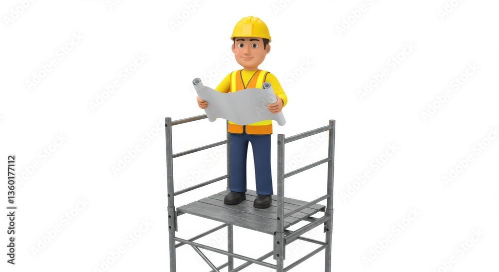Cartoon Worker Inspecting Blueprint on Scaffolding Construction Job Animation Cartoon Worker Inspecting Blueprint on Scaffolding Construction Job Animation