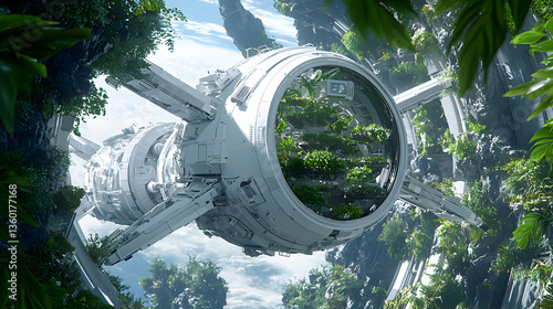 Fototapeta Naklejka Na Ścianę i Meble -  A futuristic space station with lush vegetation thriving inside a circular structure. It suggests sustainable living and colonization in a biodiverse habitat.