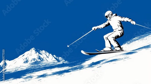Stylized Skier Descending Snowy Slope, Blue Sky, Minimalist Illustration