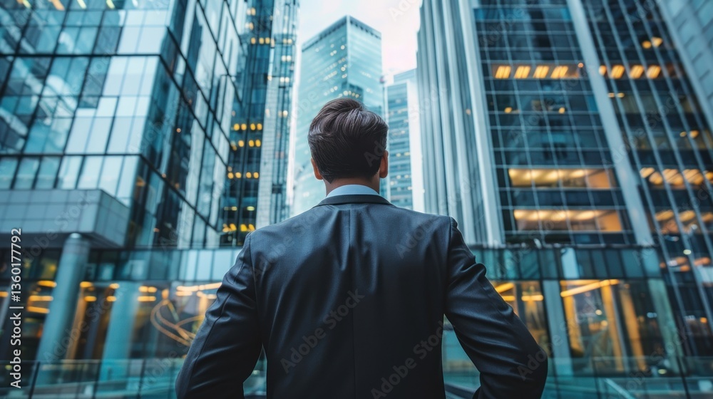 Back view businessman in a suit is standing in front of a office building Back view businessman in a suit is standing in front of a office building