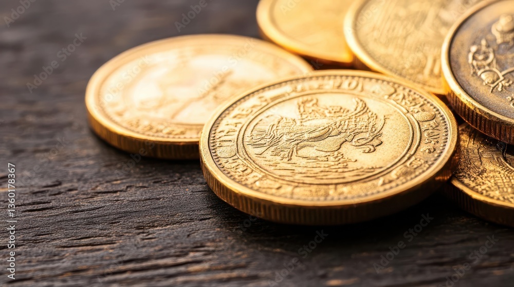 Time-worn gold coins with engravings of lost civilizations, covered in dust Time-worn gold coins with engravings of lost civilizations, covered in dust