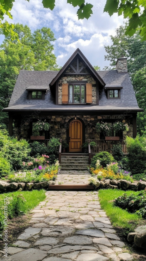 Fototapeta premium A beautiful stone and wood bungalow with a large front porch, surrounded by lush greenery in the Adirondacks. The house has a traditional gable roofline, a central wooden door on the main floor.