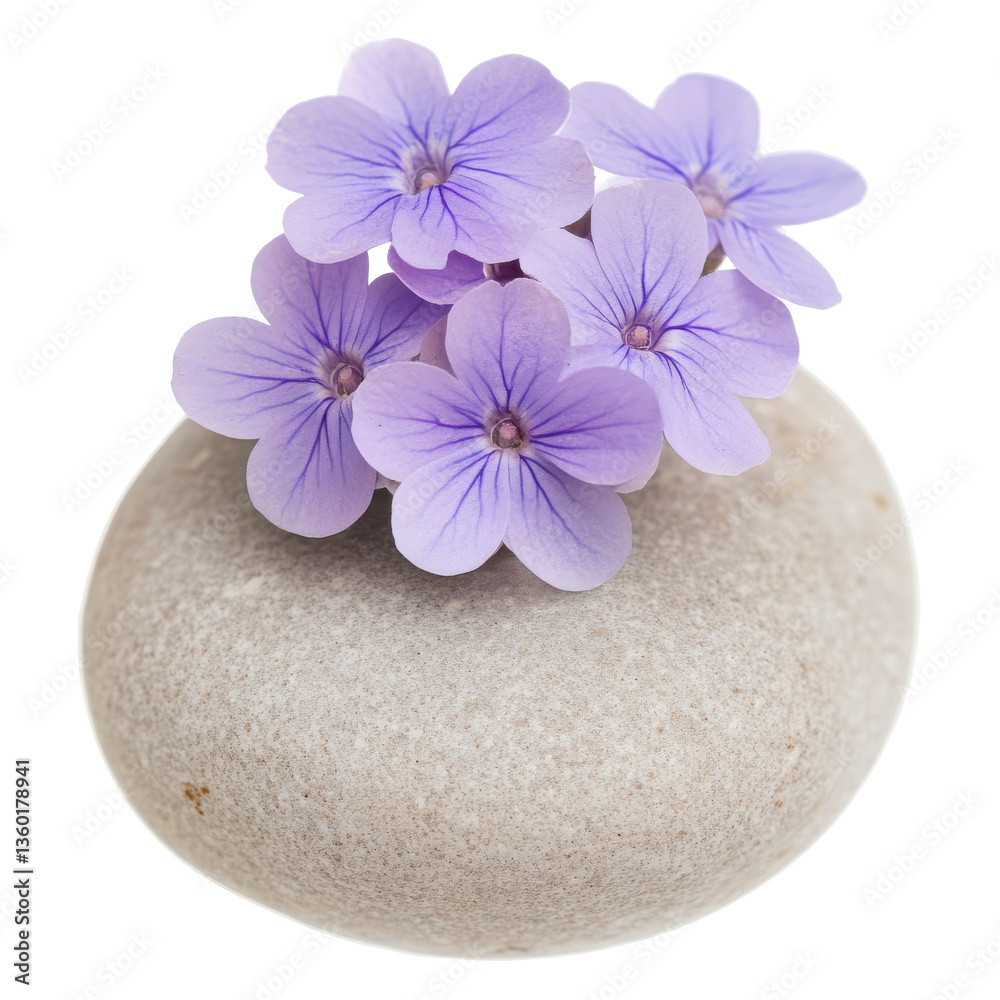 Delicate purple flowers resting on a smooth stone, symbolizing tranquility Delicate purple flowers resting on a smooth stone, symbolizing tranquility