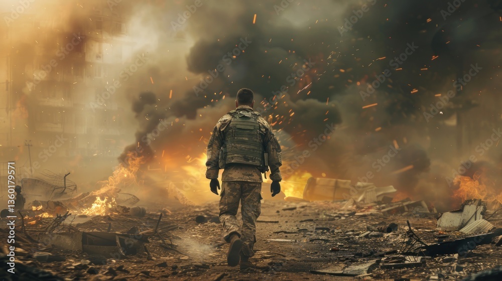 A man in a military uniform walks through a war zone scene is chaotic and filled smoke and debris. A man in a military uniform walks through a war zone scene is chaotic and filled smoke and debris.