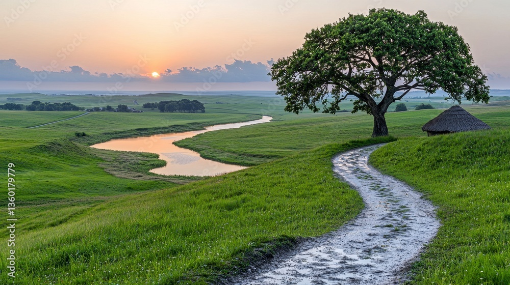 Sunrise over Lush Green Meadow with Solitary Tree and Winding Path Sunrise over Lush Green Meadow with Solitary Tree and Winding Path