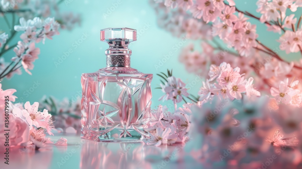A bottle of perfume is placed on floor around pink flowers. A bottle of perfume is placed on floor around pink flowers.