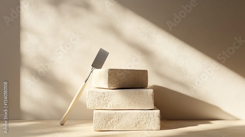 A minimalist stack of bricks styled with a single trowel for masonry services. background