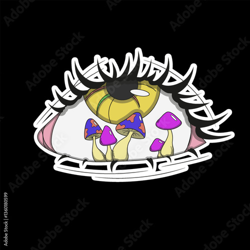 Yellow eye with mushrooms inside, psychedelic sticker, psychedelic mushrooms