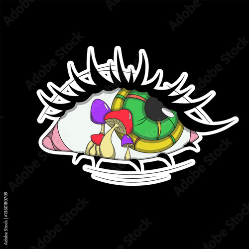 Green eye with mushrooms inside, psychedelic sticker, psychedelic mushrooms