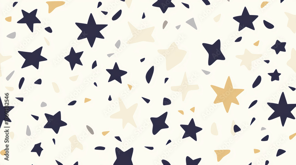 Fototapeta premium Minimal star pattern with scattered celestial shapes in navy blue, gold, and beige on light cream background, creating clean and playful design
