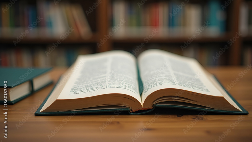 Close-Up of Opened Book on Wooden Table: Education Concept & Knowledge Sharing in Academic Setting Close-Up of Opened Book on Wooden Table: Education Concept & Knowledge Sharing in Academic Setting