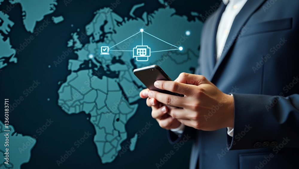 Flat Man hand using mobile phone with worldwide connection technology interface symbolizes global communication and connectivity. concept as Highlights the power of digital tools in enabling seamless Flat Man hand using mobile phone with worldwide connection technology interface symbolizes global communication and connectivity. concept as Highlights the power of digital tools in enabling seamless