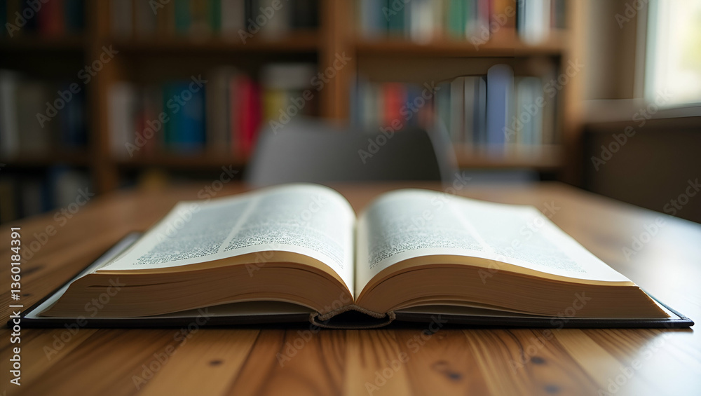 Close-Up of Opened Book on Wooden Table: Education Concept & Knowledge Sharing in Academic Setting Close-Up of Opened Book on Wooden Table: Education Concept & Knowledge Sharing in Academic Setting
