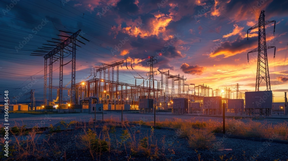 Electrical power plant industry energy station on sunset view background Electrical power plant industry energy station on sunset view background