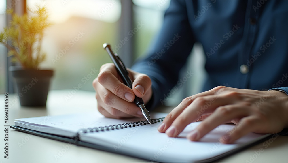 Flat Vector Illustration of a Man's Hand Writing in a Notebook with a Pen: Boosting Productivity and Professional Documentation in a Modern Workspace Environment Flat Vector Illustration of a Man's Hand Writing in a Notebook with a Pen: Boosting Productivity and Professional Documentation in a Modern Workspace Environment