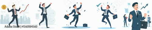 A businessperson celebrating a successful deal, feeling ecstatic. Style flat design, simple, minimalist, background white. Standing fullbody.