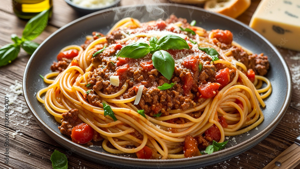 Spaghetti bolognese sprinkled with freshly grated parmesan cheese and a few basil leaves on a plate on a wooden table. Spaghetti bolognese sprinkled with freshly grated parmesan cheese and a few basil leaves on a plate on a wooden table.