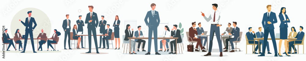 A businessperson leading a team meeting, feeling determined. Style flat design, simple, minimalist, background white. Standing fullbody. A businessperson leading a team meeting, feeling determined. Style flat design, simple, minimalist, background white. Standing fullbody.