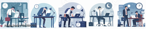 A businessperson working late at night, feeling tired. Style flat design, simple, minimalist, background white. Standing fullbody.