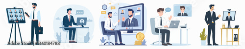 A businessperson participating in a video conference, feeling engaged. Style flat design, simple, minimalist, background white. Standing fullbody.