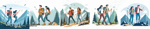 A couple hiking a mountain trail, feeling exhilarated. Style flat design, simple, minimalist, background white. Standing fullbody.