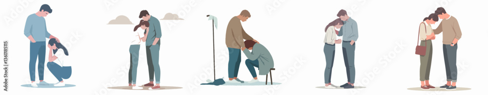 A couple comforting each other after a loss, feeling sad. Style flat design, simple, minimalist, background white. Standing fullbody. A couple comforting each other after a loss, feeling sad. Style flat design, simple, minimalist, background white. Standing fullbody.