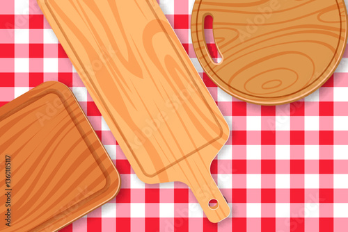 Empty wooden cutting boards on red checkered tablecloth. Vector illustration. Cooking, picnic banner, poster background