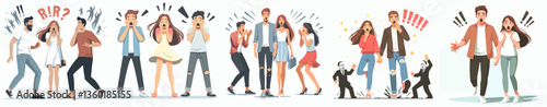A couple surprised by a flash mob, feeling shocked. Style flat design, simple, minimalist, background white. Standing fullbody.