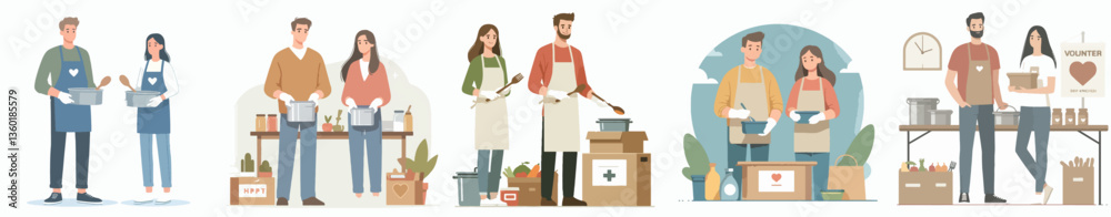 A couple volunteering at a soup kitchen, feeling fulfilled. Style flat design, simple, minimalist, background white. Standing fullbody. A couple volunteering at a soup kitchen, feeling fulfilled. Style flat design, simple, minimalist, background white. Standing fullbody.