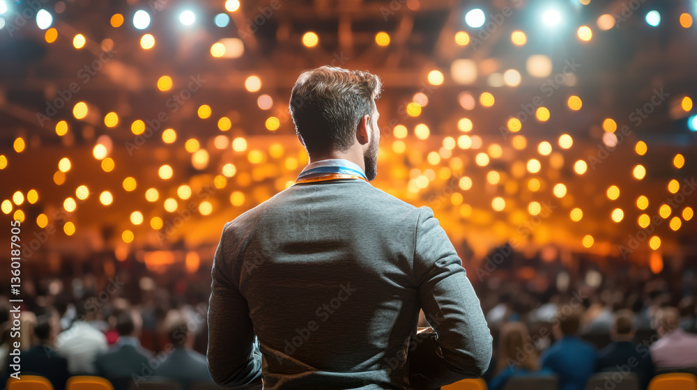 confident speaker addressing large audience in brightly lit conference hall, with warm ambient lighting and professional atmosphere confident speaker addressing large audience in brightly lit conference hall, with warm ambient lighting and professional atmosphere