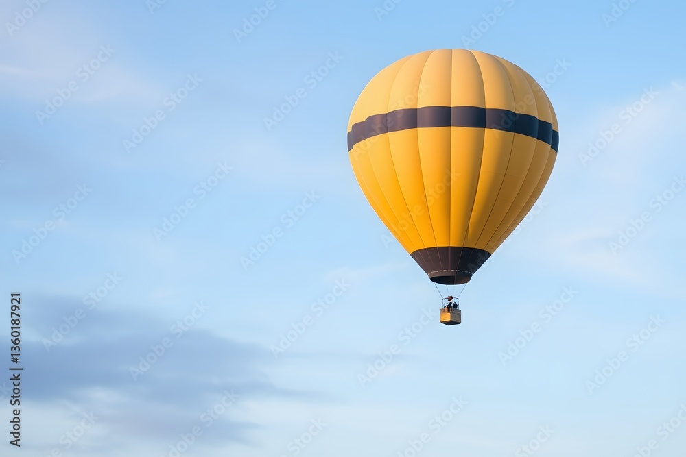 Fototapeta premium Vibrant yellow hot air balloon soaring against a clear blue sky with soft clouds in the background
