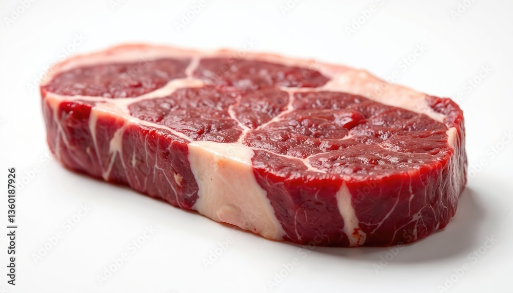 Fototapeta premium Close-up photo juicy raw T-bone steak on white background. Fresh red beef cutlet with fat, bone. Culinary concept, ingredient for dinner cooking, butcher shop.